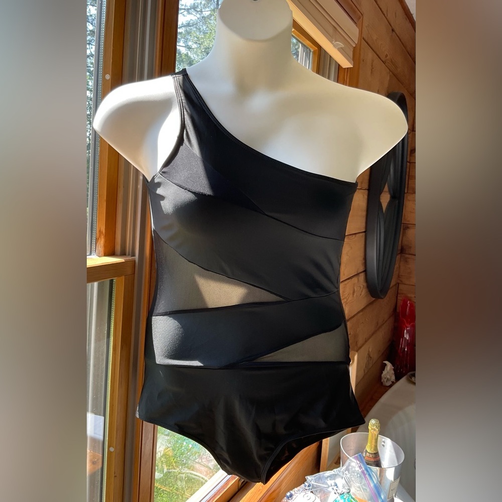 Black One Piece Bathing Suit Peek-a-Boo Mesh inserts One Crossbody Strap NWOT - Picture 11 of 11